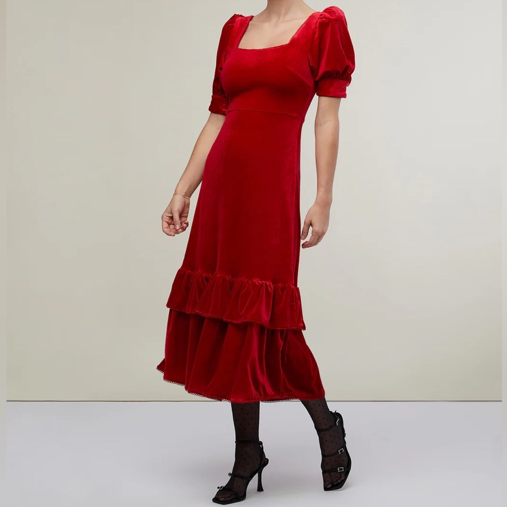 NWT Rachel Parcell Puff Sleeve Peplum Skirt Midi Dress Cherry Red Velvet